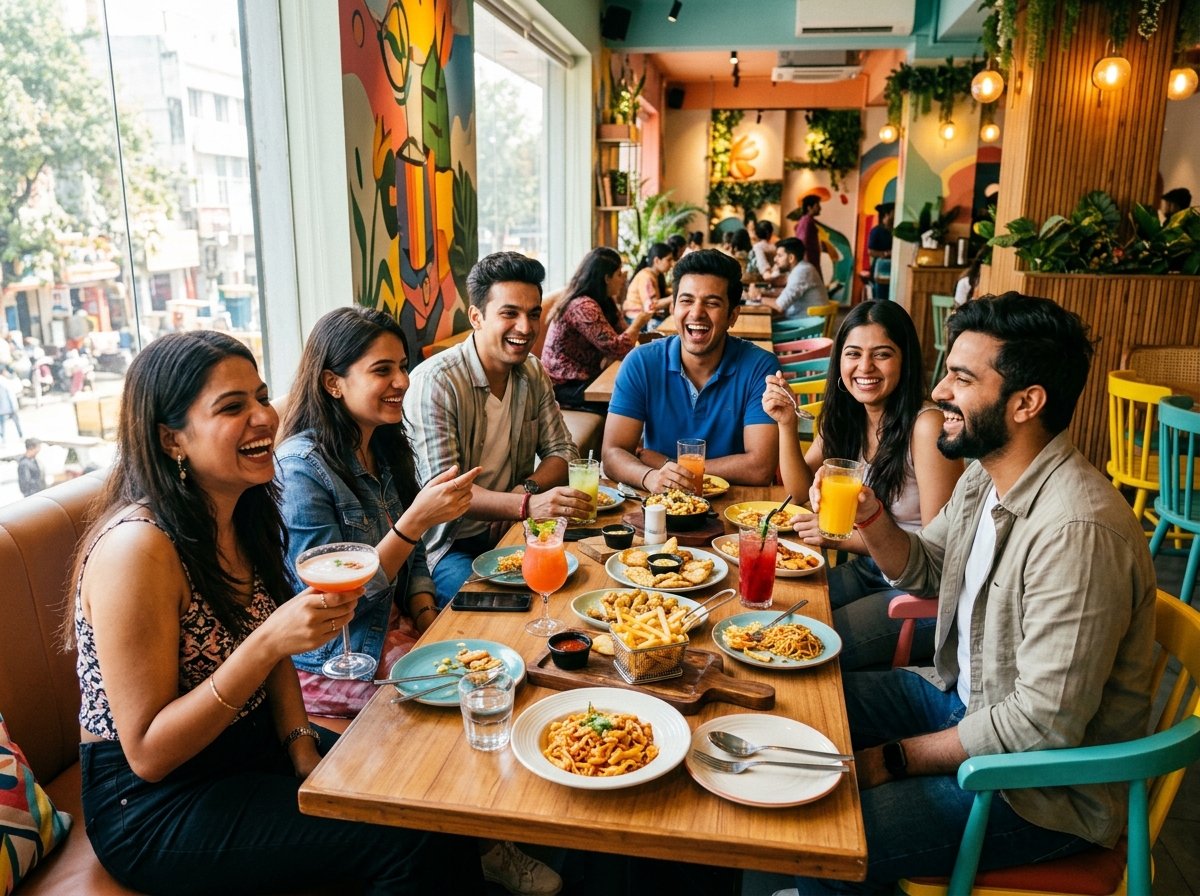 Friends enjoying food and drinks at Juice Junction Borhat