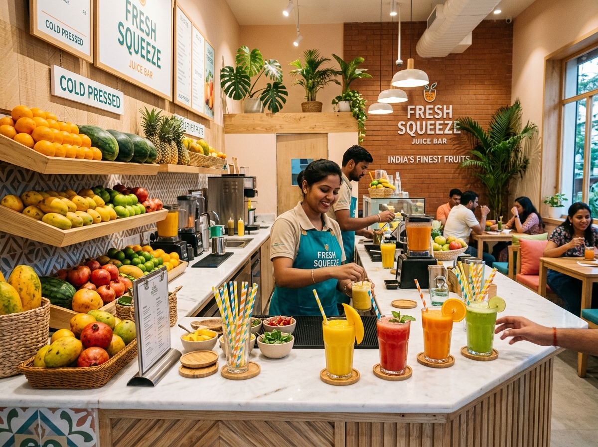 Juice Junction Assam Borhat juice bar interior — fresh fruits and juice counter